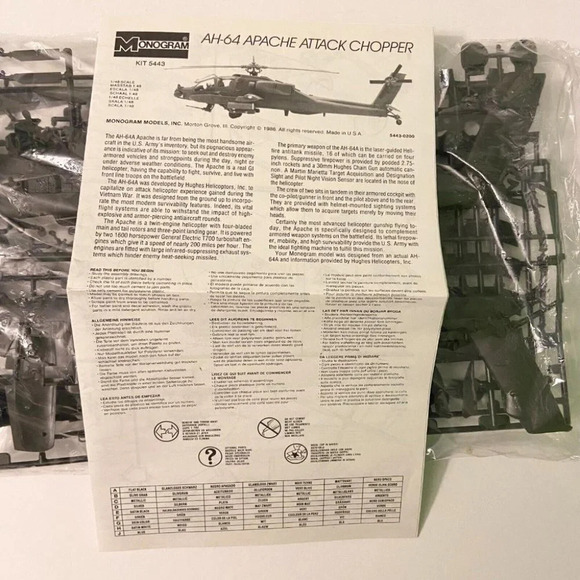 Vintage 1986 Monogram  AH-64 Apache Helicopter 1:48 Kit 5443 Open Box Never Used - Picture 10 of 12